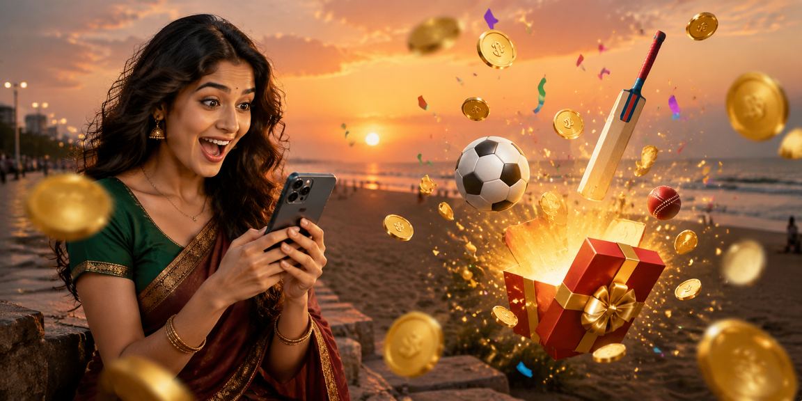Sports betting fan at Chennai Marina Beach viewing cricket odds on mobile